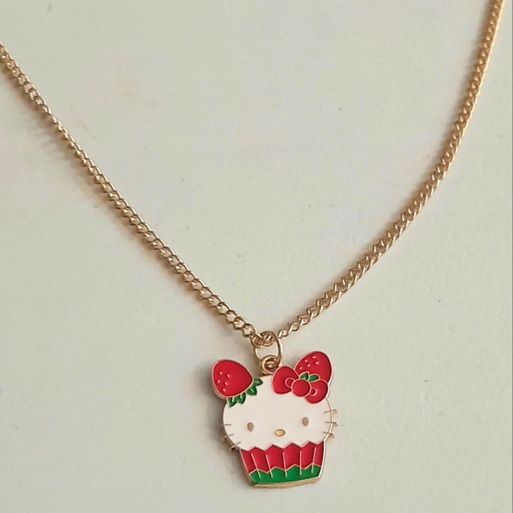 Enamel Kitty in a Strawberry Basket Necklace